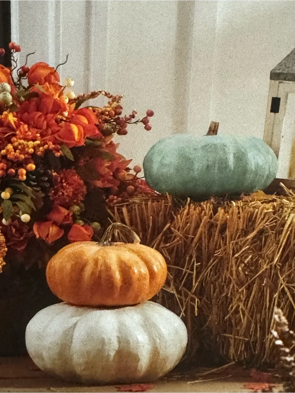 NEW 3 Pc Laura Ashley Indoor/Outdoor Stackable Pumpkin Set Fall Decor Blue White